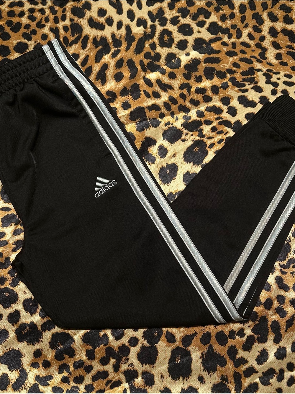 Adidas Girls Black Metallic Silver 3-Stripe Tricot Track Pants Joggers